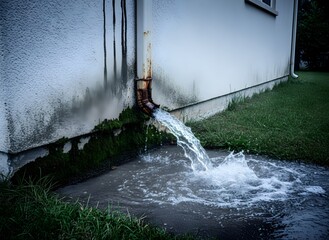 Rusty Downspout Pouring Water with Mossy Wall Symbolizing Water Damage and Drainage Failure, Plumbing, Insurance, Repair