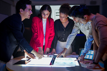 Future digital innovation and business strategy concept. Professional creative team brainstorming ideas for technology solution. Strategic planning for corporate growth and online customer experience.