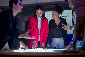 Future digital innovation and business strategy concept. Professional creative team brainstorming ideas for technology solution. Strategic planning for corporate growth and online customer experience.