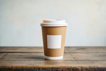 A single disposable paper coffee cup with a white lid and blank square label rests on a rustic wooden table with a soft neutral background