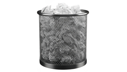 Wire mesh trash can full of crumpled white paper on transparent background indicating waste or completed work