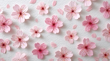Fototapeta premium Delicate close-up of scattered pink cherry blossom flowers and petals on a textured white surface
