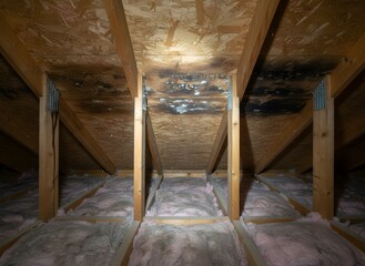 Attic Mold Growth on Wood Sheathing and Rafters, Symbolizing Water Damage and Health Hazards, Home Inspection, Remediation