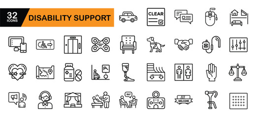 Disability Support Icons Set with Accessibility and Assistance Symbols
