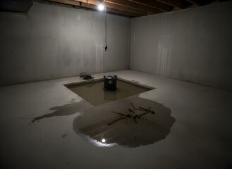 Dark, Flooded Basement with Submersible Pump and Tools on Wet Concrete Floor Symbolizing Urgent Home Repair, Water Damage, and Property Maintenance, Real Estate