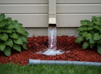 House Downspout with Flowing Rainwater Onto Red Mulch and Green Hostas, Symbolizing Residential Drainage, Home Improvement, Landscaping, Gutter Systems