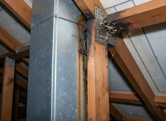 Leaking Metal Ductwork and Tar stained Wooden Rafters in Dusty Attic Space Symbolizing Home Deterioration, Maintenance Issues, and Structural Neglect, Building Inspection, Property Damage, Renovation