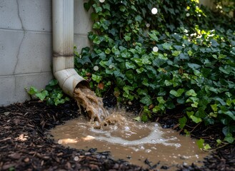 Muddy Water Runoff Gushing from White Pvc Drainpipe, Symbolizing Drainage Issues, Erosion, Environmental Concerns, Landscaping, Water Management