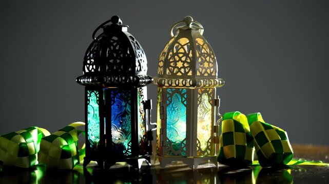 a beautifully lit traditional moroccan lantern and delicious green kue lapis sit on a dark wooden surface