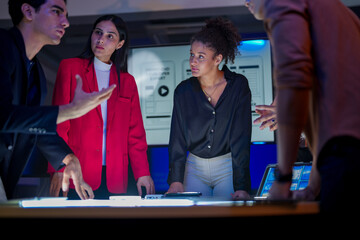 Future digital innovation and business strategy concept. Professional creative team brainstorming ideas for technology solution. Strategic planning for corporate growth and online customer experience.