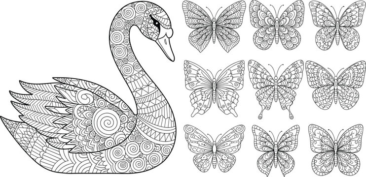 Intricate black and white vector line art set featuring a large ornamental swan and nine detailed butterflies with complex floral and geometric patterns.
