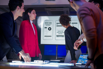 Future digital innovation and business strategy concept. Professional creative team brainstorming ideas for technology solution. Strategic planning for corporate growth and online customer experience.