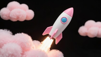 Rocket launching through pink clouds outer space digital illustration fantasy environment upward angle creative concept for imagination and adventure