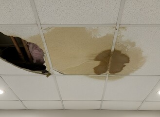 Water Damaged Ceiling with Brown Stains and Exposed Pipes Symbolizing Building Neglect, Property Damage, Plumbing Issues, and Maintenance Problems