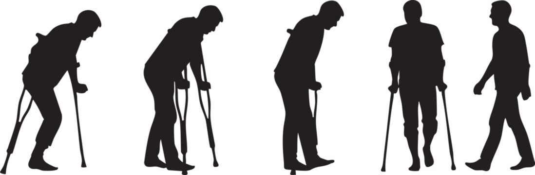 Silhouettes of people walking with crutches in a sequence from hunched to upright posture