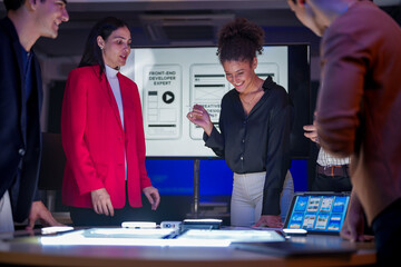 Future digital innovation and business strategy concept. Professional creative team brainstorming ideas for technology solution. Strategic planning for corporate growth and online customer experience.