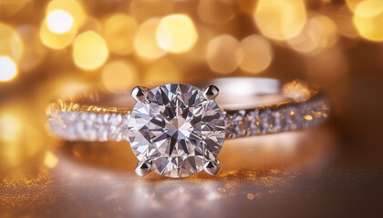 Fototapeta premium White gold engagement ring with round brilliant cut diamond solitaire, thin pave diamond band, elegant prong setting, on soft rose bokeh background