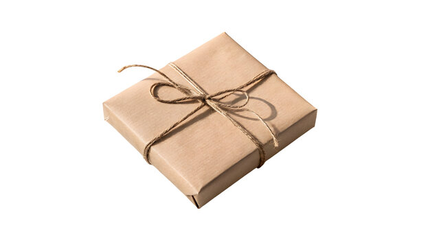 Brown Paper Gift Box Wrapped with Twine and Tied Bow, Studio Lighting, Isolated on Transparent Background