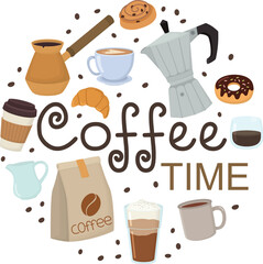 Coffee time round design for banner or card. Set of colorful baristas elements