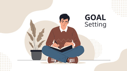 Man writing goals in notebook, personal development, planning, motivation, lifestyle illustration