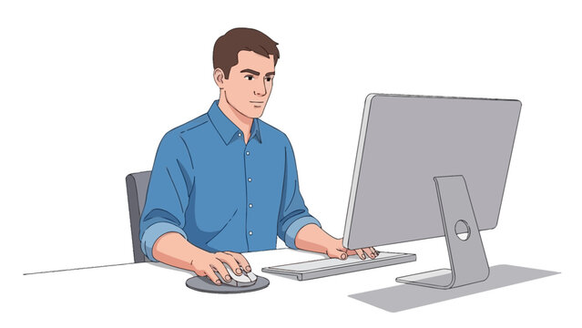 Man working on computer, typing and using mouse at desk, illustration