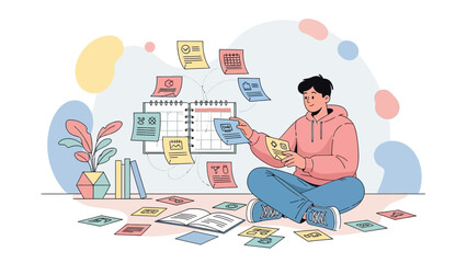 Person organizing tasks on calendar with sticky notes, planning and productivity concept