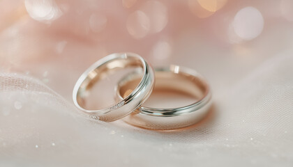 Two white gold wedding bands resting together on soft white fabric