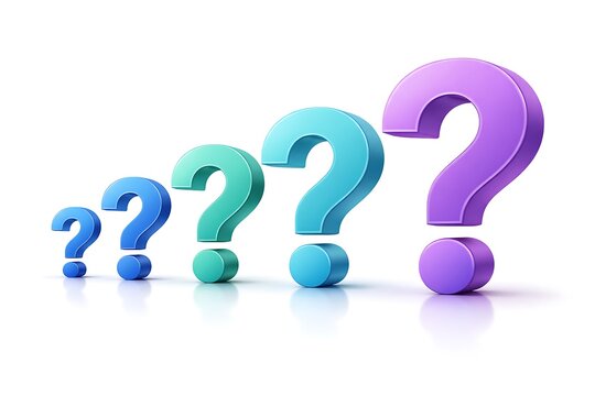 Group of Colorful 3D Question Marks in a Row on a White Background Representing Decisions FAQ and Curiosity - Powered by Adobe