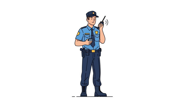 Police Officer with Walkie-Talkie and Coffee Cup, Standing and Communicating