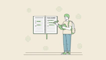 Student planning studies with planner and book, education concept