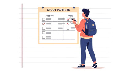 Student planning tasks and subjects on a study planner board with checklist