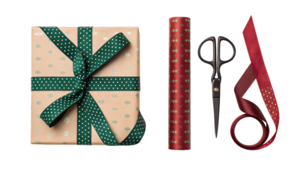Gift Wrapping Supplies: Festive Box with Ribbon, Scissors, and Red Patterned Paper Isolated on Transparent Background