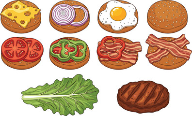 Vector illustration set of hamburger ingredients featuring buns meat patties cheese eggs bacon lettuce tomatoes onions and peppers for customizable gourmet burgers.
