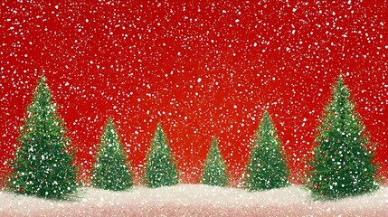 Festive digital illustration featuring snow-covered fir trees against a vibrant red backdrop