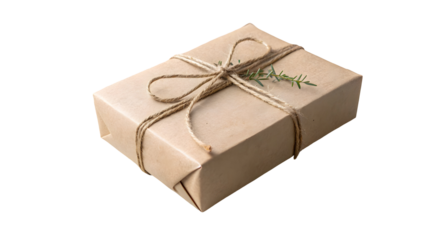Rustic Brown Gift Box Tied with Twine and Rosemary Sprig, Isolated on Transparent Background