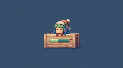 Pixelated illustration of an elf in a wooden crate with a loading bar, wearing a festive hat