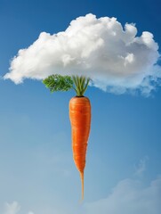 A single carrot floating beneath a white cloud against blue sky. AI-generated.