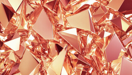Abstract gold metallic crystal shards background, geometric faceted surfaces, shiny reflective pink-copper toned crystalline fragments