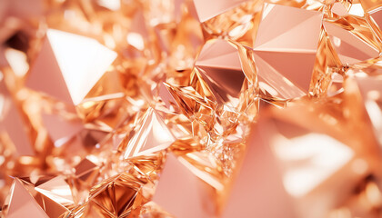 Abstract gold metallic crystal shards background, geometric faceted surfaces, shiny reflective pink-copper toned crystalline fragments
