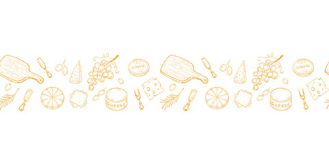 Horizontal Cheese Seamless Border, Food Border Strip. Cheese Horizontal Repeat, Seamless Border Pattern. Charcuterie Border Strip, Seamless Food Frame