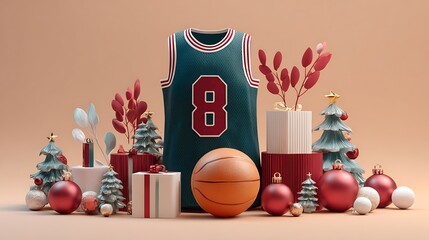 Festive basketball jersey display with ornaments, gifts, trees, and basketball on a beige background