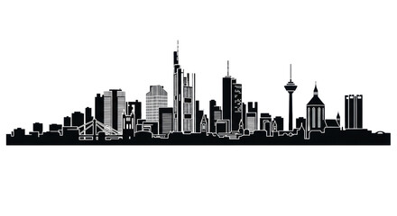 highly detailed flat black vector silhouette of frankfurt am main, germany, modern architecture against transparent background, minimal graphic design. concept for corporate identity asset
