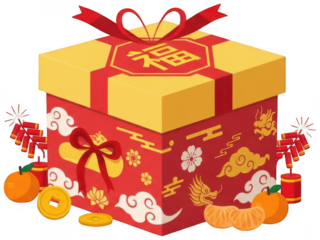 Isometric illustration of chinese new year gift box adorned with ribbon gold details and lucky symbols surrounded by citrus fruits coins and firecrackers
