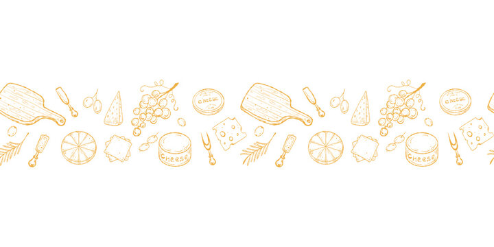 Horizontal Cheese Seamless Border, Food Border Strip. Cheese Horizontal Repeat, Seamless Border Pattern. Charcuterie Border Strip, Seamless Food Frame