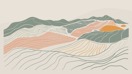 Abstract mountain landscape with colorful hills and sun