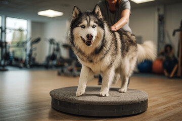 In a spacious rehab gym with wooden floors, a trainer supports an elderly husky as it balances on a round platform, promoting fitness and mobility in a caring environment