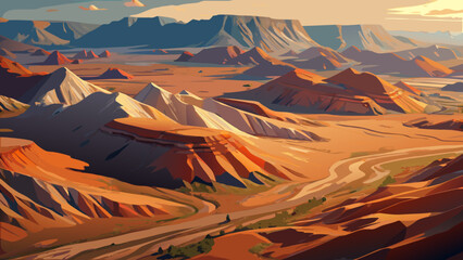 A stylized illustration of a vast desert canyon landscape with rugged terrain and winding paths under a partly cloudy sky
