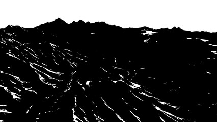 Black silhouette of rugged mountain range with snow on white background