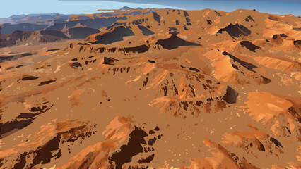 Aerial view of a rocky desert landscape with mountains and orange brown terrain under a clear blue sky