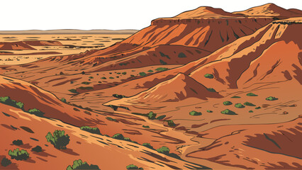 Desert landscape with red rock formations and sparse green shrubs in a dry valley